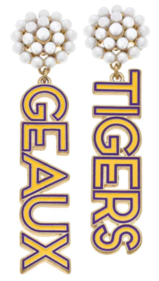 LSU Tigers Pearl Cluster Outline Enamel Drop Earrings in Purple & Gold