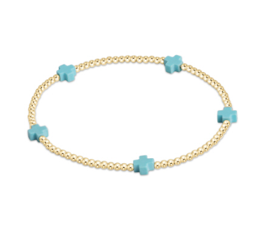 SIGNATURE CROSS SMALL GOLD  PATTERN 2MM BEAD BRACELET -  TURQUOISE