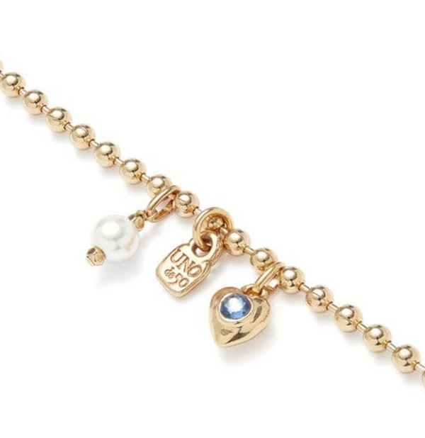 SER UNICO EXCLUSIVE Gold Pearl & Blue Stone Heart Charm Bracelet Medium