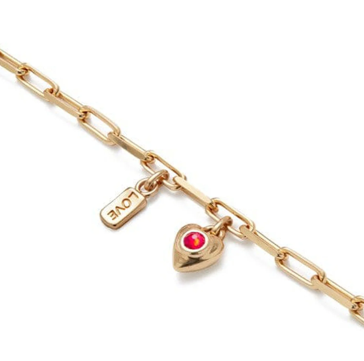 SER UNICO EXCLUSIVE  Gold Chain Link Heart Charm Red Stone Bracelet Medium