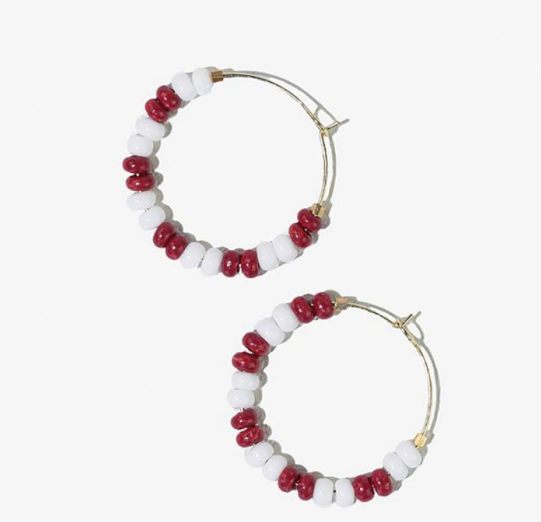 VICTORIA MIXED SEED BEAD  HOOP EARRINGS WHITE + DARK RED