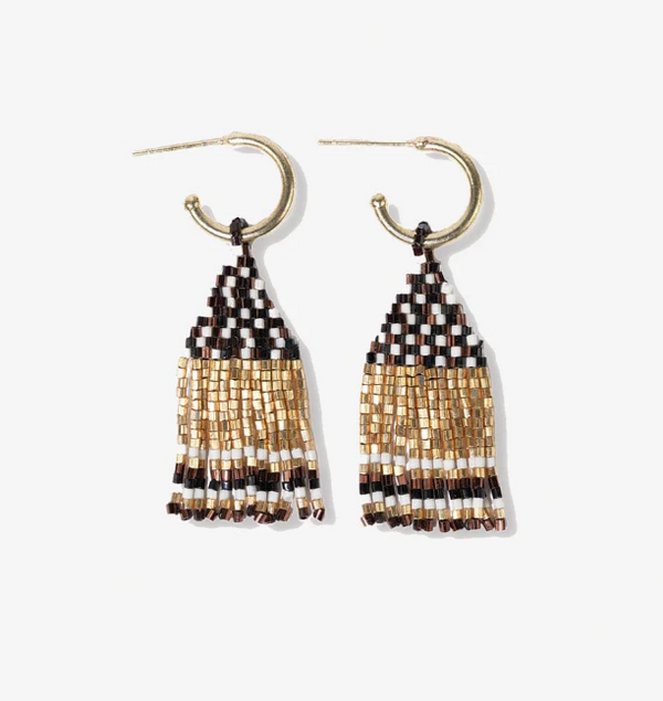 Leta mini gold hoop confetti top and stripe short fringe earrings black/white