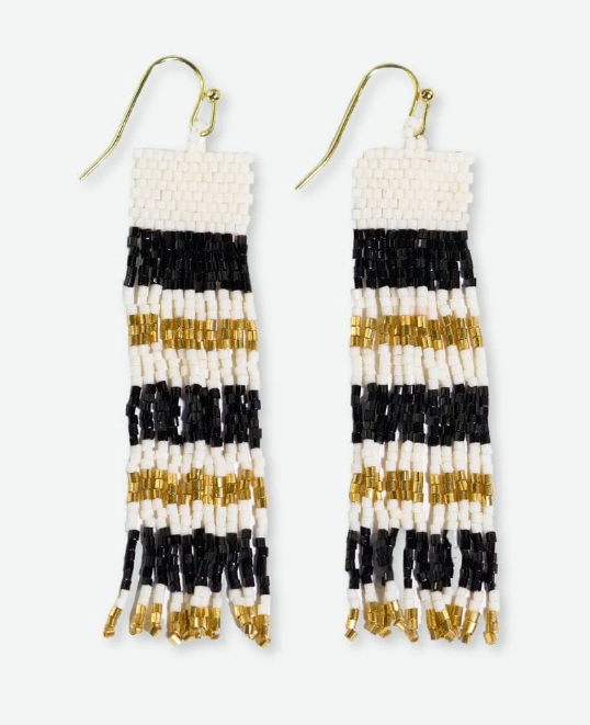 Billie mixed horizontal stripes beaded fringe earrings black