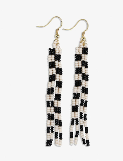 June mini checked pattern petite beaded fringe earrings black/white