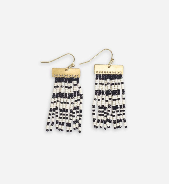 Scout rectangle hanger with stripes beaded fringe earrings black/white