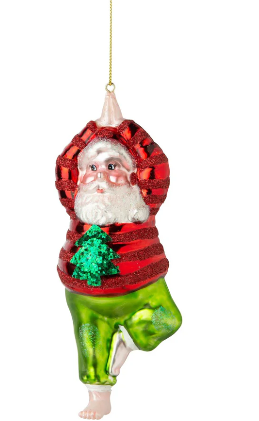 Blown glass Santa in yoga tree pose ornament 6.25 in