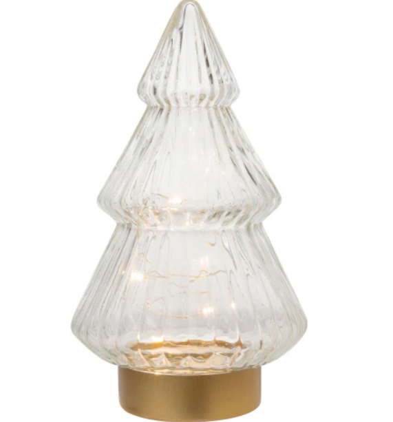 Glass tiered table top tree, clear with gold base, LED, 9 in