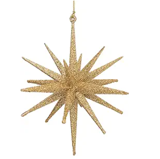 Gold glittered Moravian star, painted resin ornament 6 in