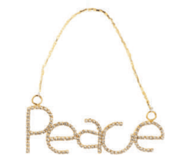 Clear rhinestone Peace ornament, gold metal frame, 5 in