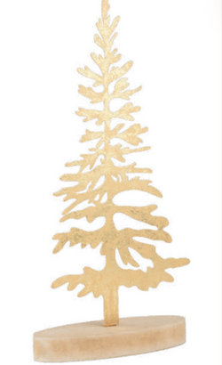 Gold foiled metal tree table piece, on wood base, 13.5 in