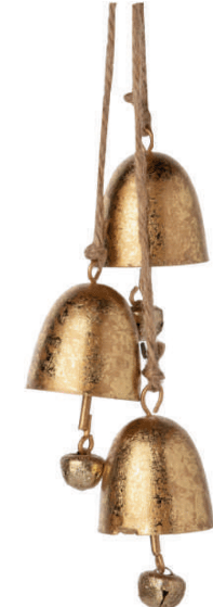 Hanging cluster of 3 antiqued gold bells, sleigh bells on jute cord 14.5 in