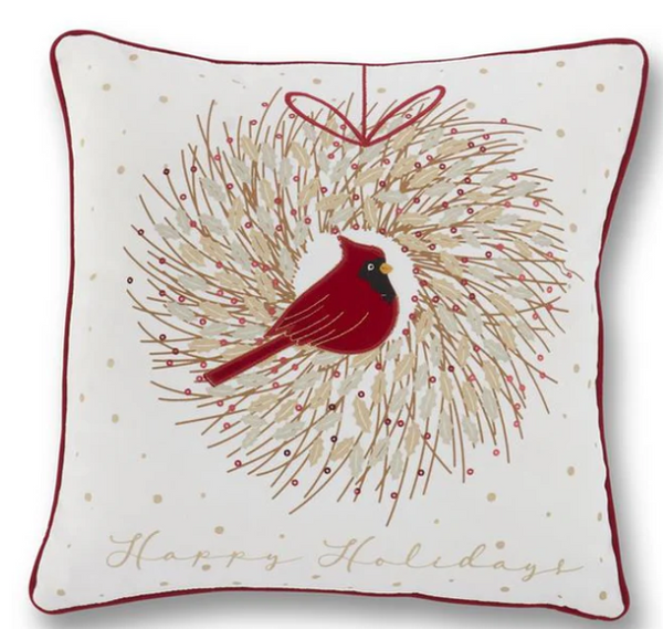 18 Inch Square Cardinal Wreath Pillow w/Sequins