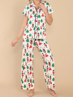 Nutcracker Notched Collar Top and Pants Pajama Set