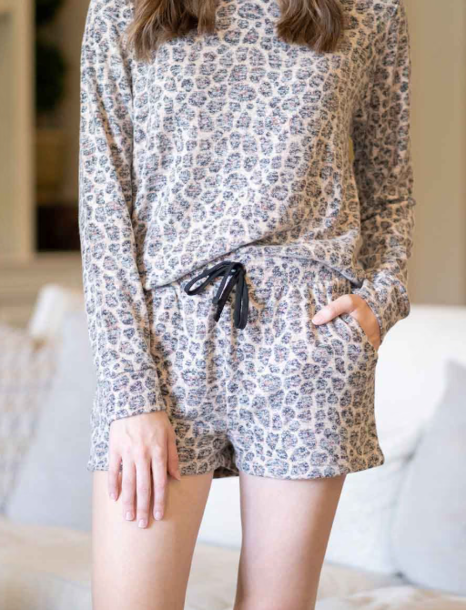 Leopard Brushed Hacci Shorts & Pullover Set