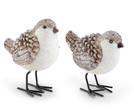 Brown & White Glittered Wood Grain Pinecone Birds