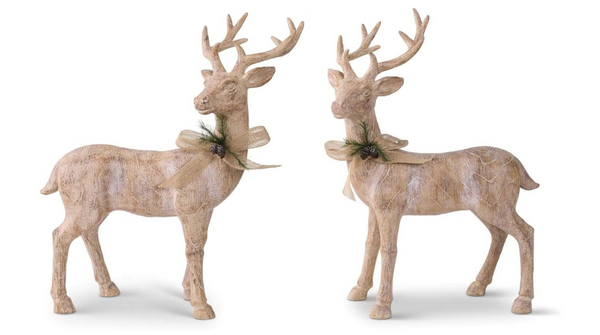 11 Inch Resin Natural Wood Reindeer w/Bow