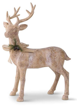 11 Inch Resin Natural Wood Reindeer w/Bow