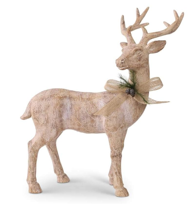 11 Inch Resin Natural Wood Reindeer w/Bow