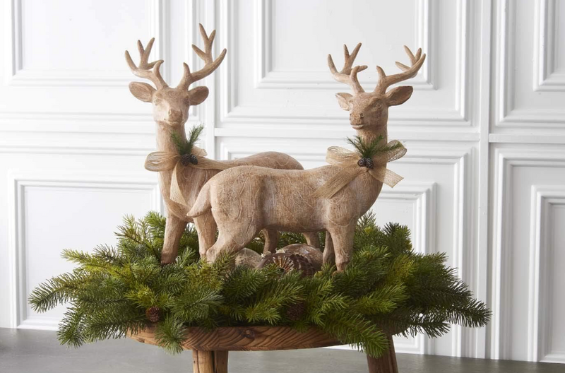 11 Inch Resin Natural Wood Reindeer w/Bow