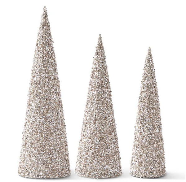 set of 3 Champagne Sequins & bead Embellished LED Cone Trees