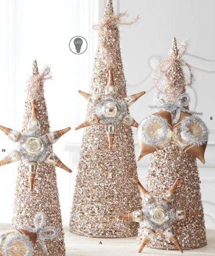 set of 3 Champagne Sequins & bead Embellished LED Cone Trees