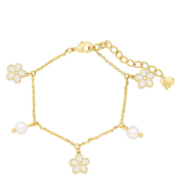 Flower and Freshwater Pearl Charm Bracelet (White)
