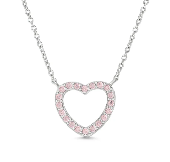 Pink CZ Open Heart Necklace in Sterling Silver