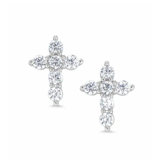 CZ Cross Stud Earrings in Sterling Silver