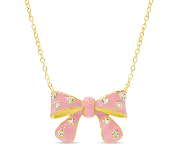 Bow Necklace with CZ - Pink