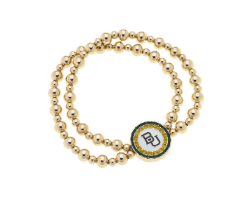 Baylor Bears Pave Disc 2-Row Ball Bead Stretch Bracelet in Shiny Gold