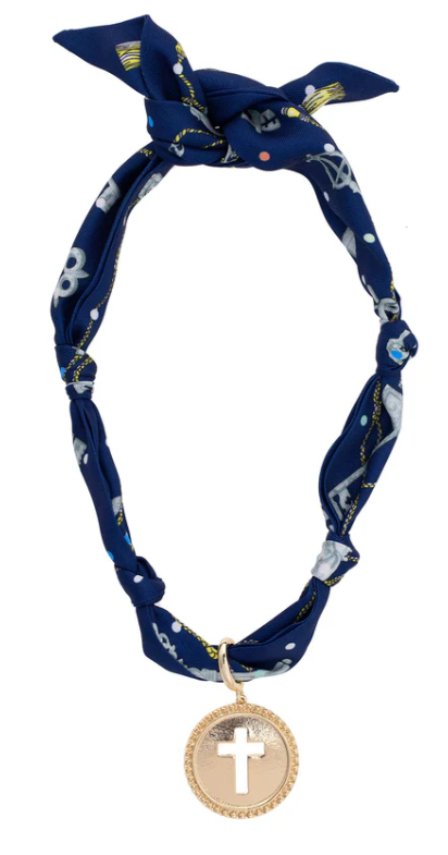 Elodie Cross Coin Scarf Necklace in Navy & Seafoam