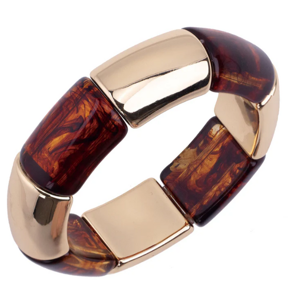 Jasmine Sculpted Resin Stretch Bracelet in Tortoise & Shiny Gold