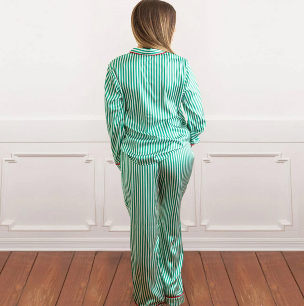 Satin Long PJ Set - Green Stripe