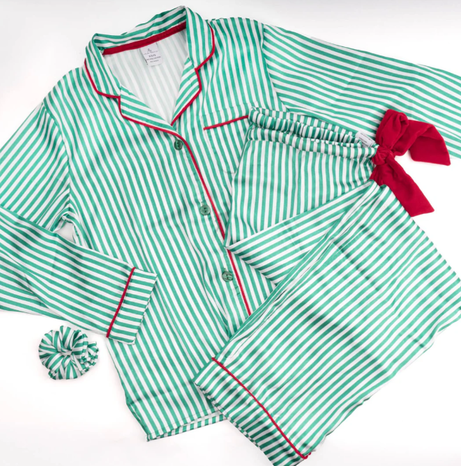 Satin Long PJ Set - Green Stripe