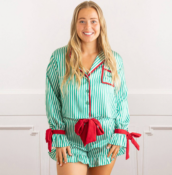 Satin Short PJ Set - Green Stripe