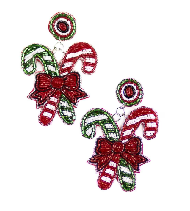 Christmas Candy Cane Beaded Earrings Red/Green/White