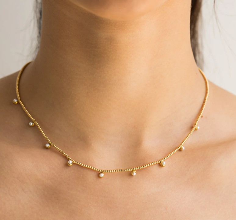 Waterproof Gold Beaded Pearls Necklace