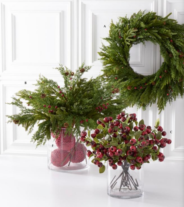 24 Inch Real Touch Mixed Pine Stem w/Pinecones & Red Berries