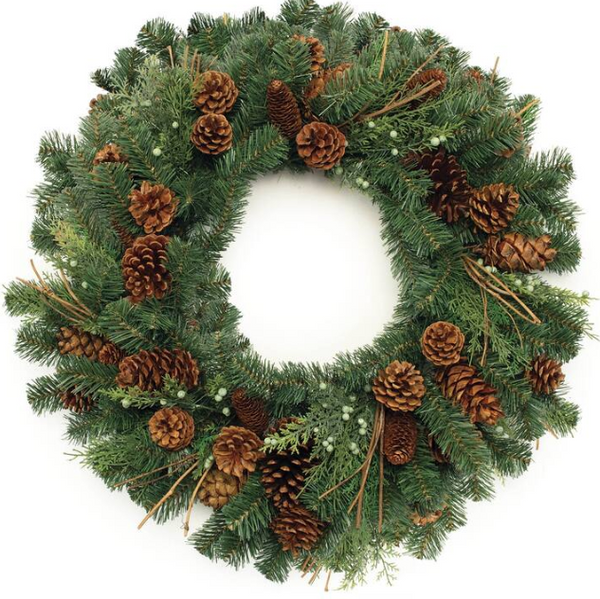 32 Inch Mixed Pine & Green Leaf Wreath w/Large Pinecones