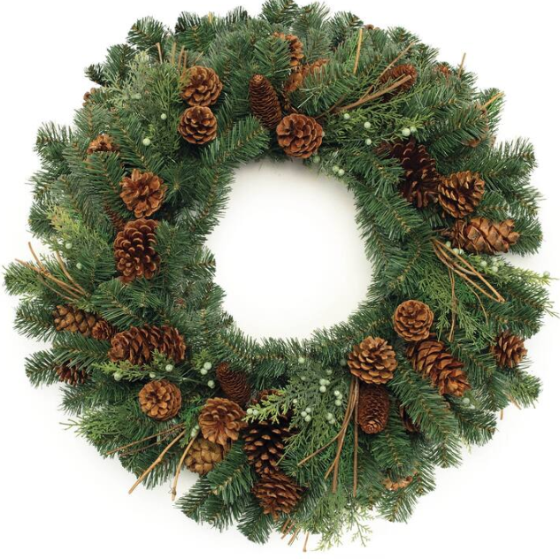 32 Inch Mixed Pine & Green Leaf Wreath w/Large Pinecones