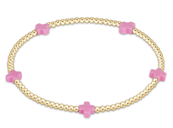 egirl Signature Cross Small Gold  Pattern 2mm Bead Bracelet -  Bright Pink