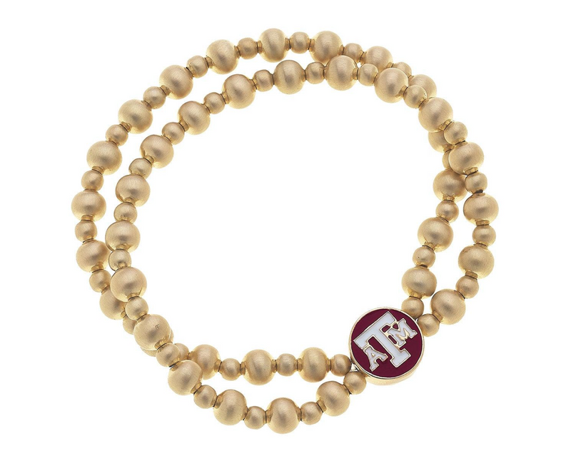 Texas A&M Aggies 2-Row Ball Bead Stretch Bracelet in Satin Gold