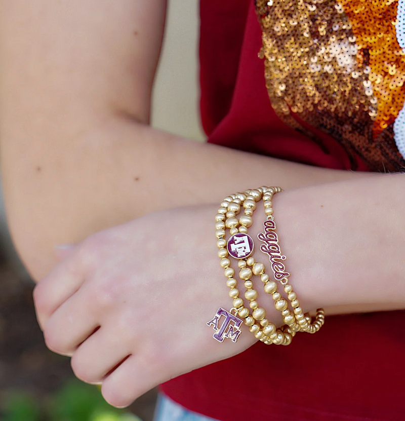 Texas A&M Aggies 2-Row Ball Bead Stretch Bracelet in Satin Gold