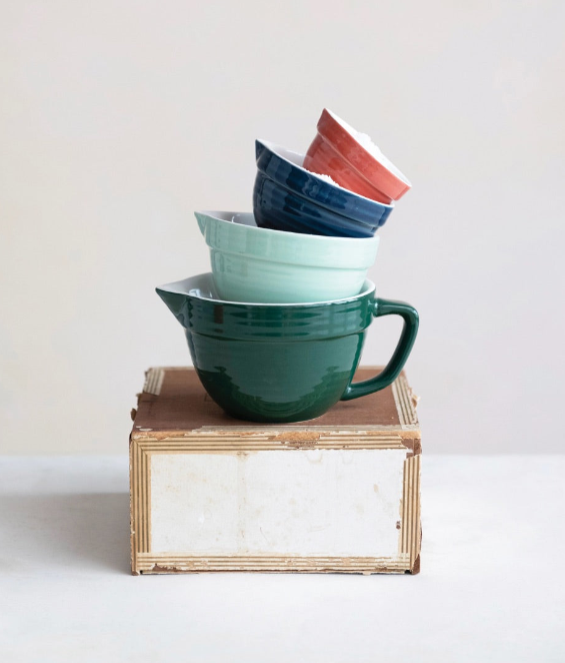1-1/2, 1, 1/2 and 1/4 Cup Stoneware Batter Bowl Measuring Cups Multi Color
