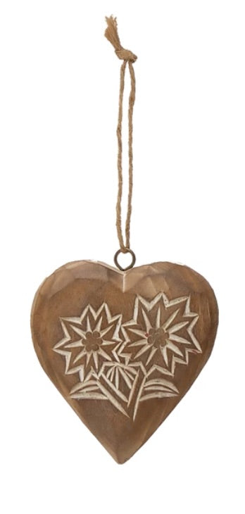 Hand Carved Pine Wood Heart Ornament