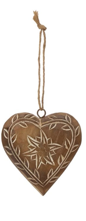 Hand Carved Pine Wood Heart Ornament