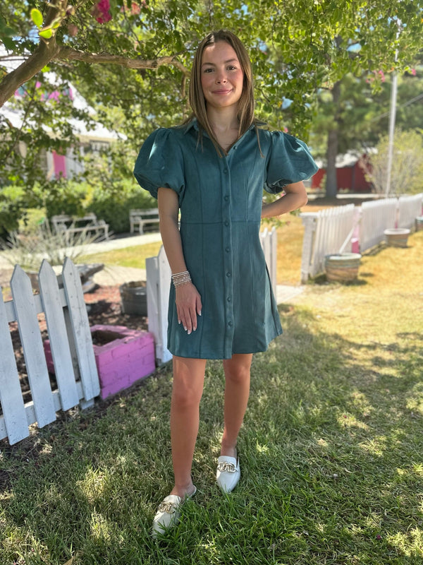 Teal Button Up Suede Dress