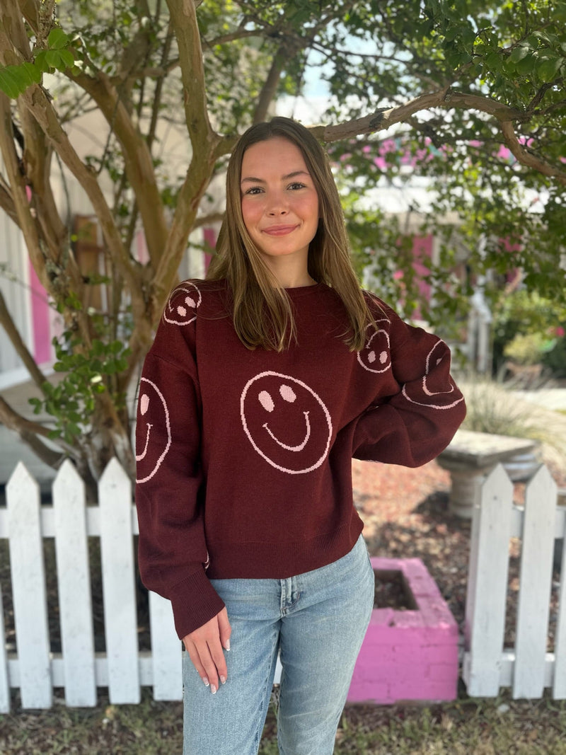 Long Sleeve Crew Neck Sweater with Smile Pattern