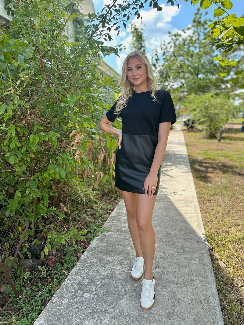 Mackenzie Combination Ponte Faux Leather Dress Cactus Flower Mackenzie Combination Ponte Faux Leather Dress Cactus Flower