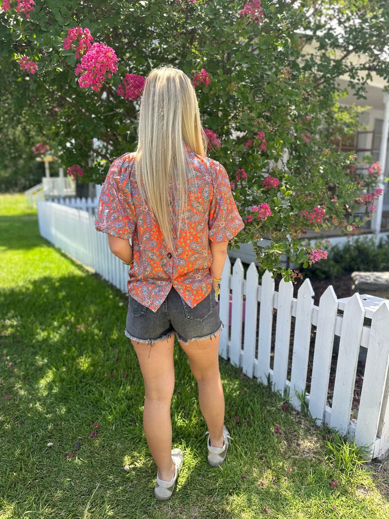 Bright Orange Puff Sleeve Floral